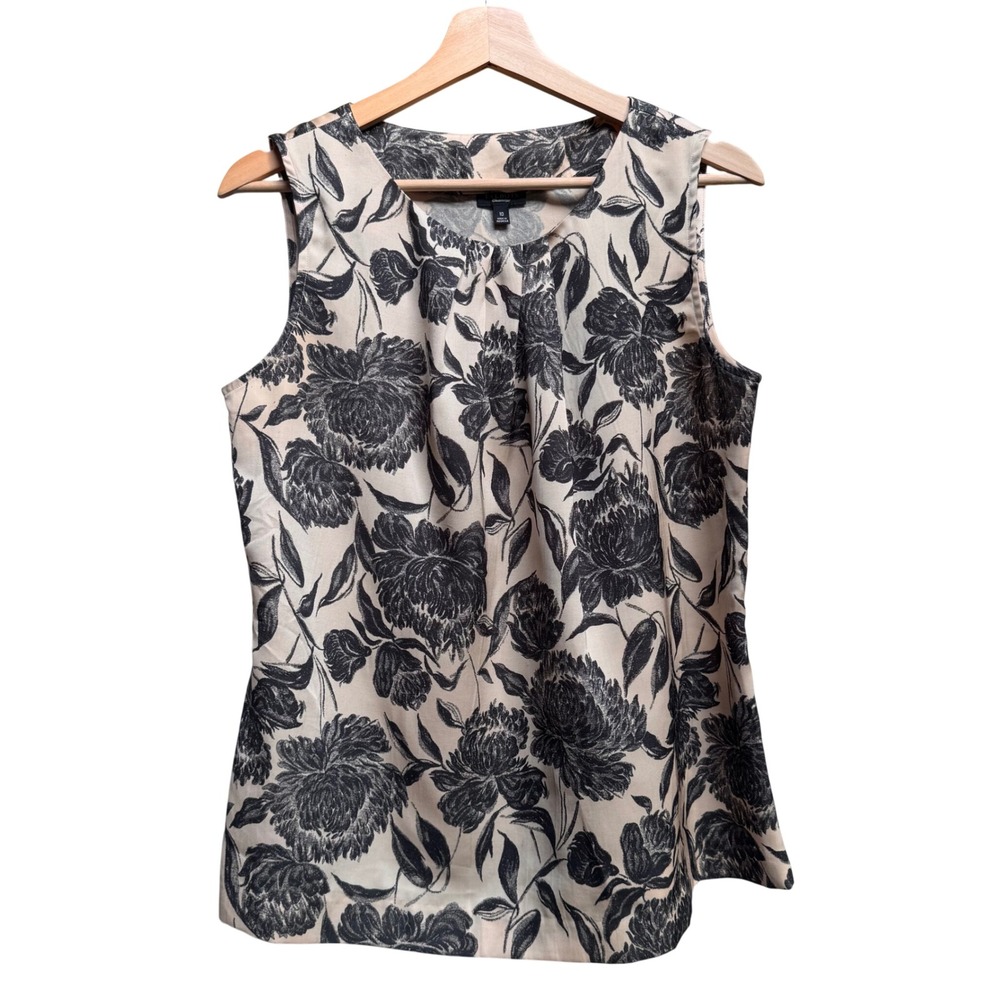 Talbots Sleeveless Floral Print Blouse Top 10 Beige Black Pleated Neck Work Chic